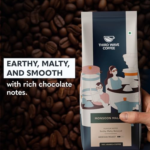 Image of THIRD WAVE COFFEE Arabica Monsoon Malabar Coffee, Medium Roast, Coarse Grind for French Press Style, 250g