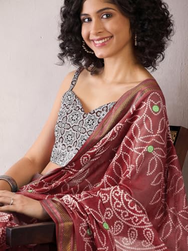 Image of SAREE MALL Women's Cotton Bandhani Printed Ready To Wear one Minute Saree With Unstitched Blouse