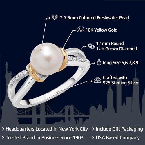 Gem Stone King 925 Sterling Silver and 10K Yellow Gold Cultured Freshwater Pearl and White Lab Grown Diamond Ring for Women (Round 7-7.5MM Pearl, Available in Size 5,6,7,8,9)2