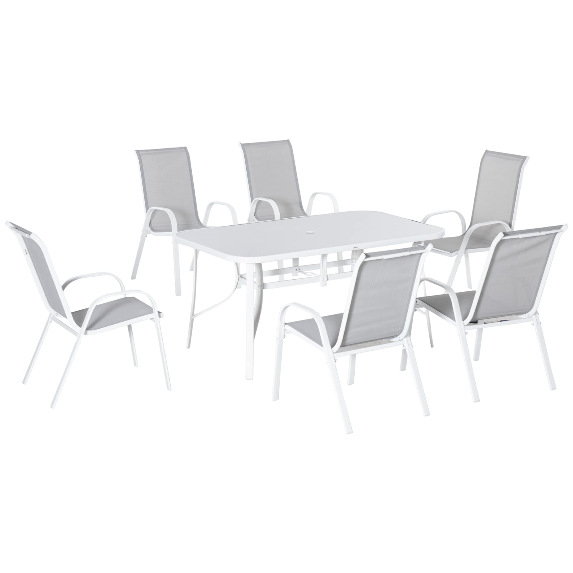Outsunny Conjunto de Muebles de Jardín de 7 Piezas Juego de Mesa y 6 Sillas para Terraza con Orificio para Sombrilla y Encimera de Cristal para Terraza Patio Gris