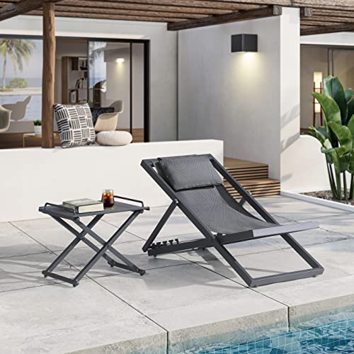 Katdans Outdoor Beach Sling Chair With Ottoman Set - Portable Folding Lounge Chair Of Teslin Reclining Chair With 3 Level Height Adjustable - Patio Furniture Ks210426C (Black) #TOP3