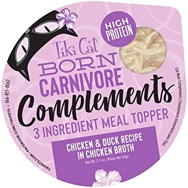 Tiki Cat Born Carnivore Complements, Chicken & Duck, Wet, High-Protein & High-Moisture Cat Food Topper, 2.1 oz. Cups (Pack of 8)