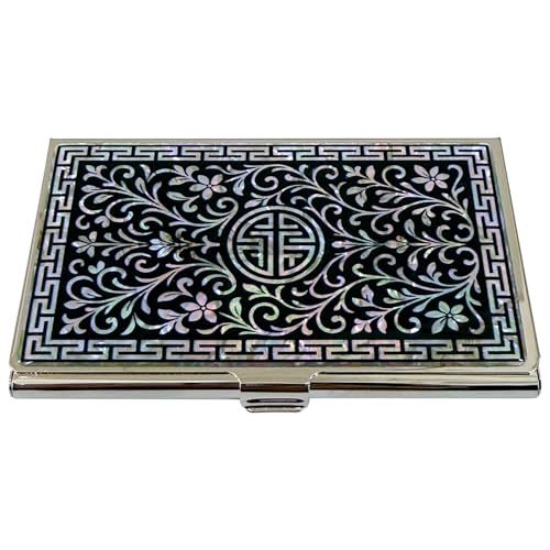 Image of Mother of Pearl Business Card Case Credit Id Name Holder Travel Wallet Art Painting Design Metal Stainless Steel Engraved Slim Purse Pocket Cash Money Wallet (N Arabesque)