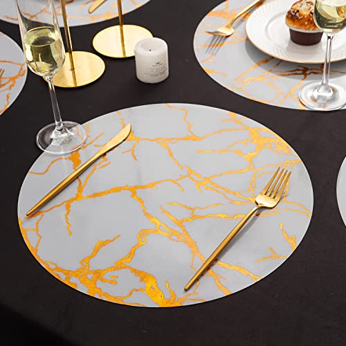 HOKIPO Shining Round Placemats for Dining Table 6 Pieces Washable Table Mats White Gold (AR-3939-WHT)