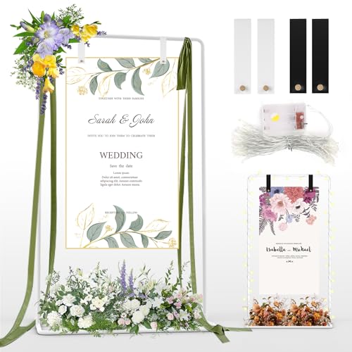 Soporte de exhibición de boda, Ajustable para letreros de bienvenida de 1,2m/1,7M, caballete para cartel de boda de metal caballete de exhibición con 6m de luces de cadena y 4 correas de cuero(blanco)