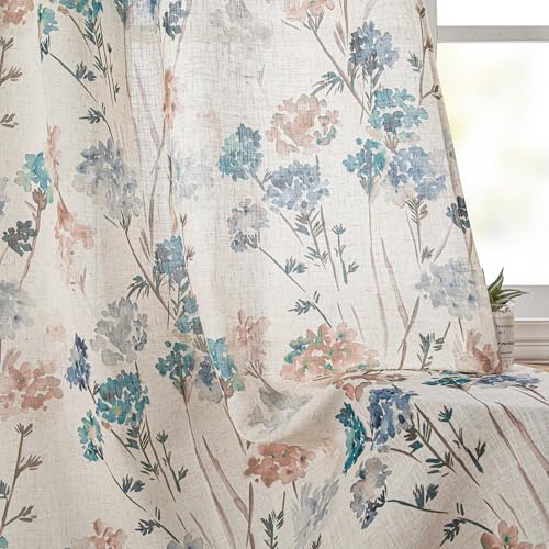 Image of MYSKY HOME Floor to Ceiling Linen Floral Curtains 108 Inch Length 2 Panels Semi Sheer Light Filtering Farmhouse Flower Print Patterned Window Grommet Curtains for Dining Room, 52 inch W Each Panel, Brown