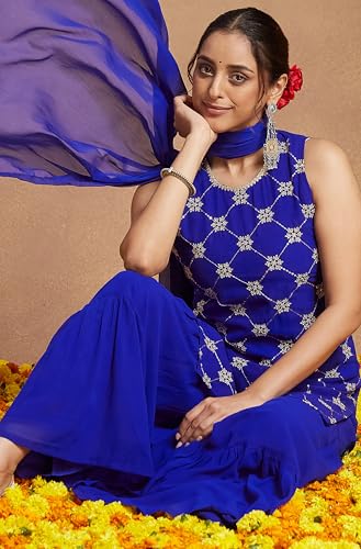 Image of Janasya Women's Royal Blue Georgette Zari Embroidered Straight Kurta with Sharara & Dupatta Set