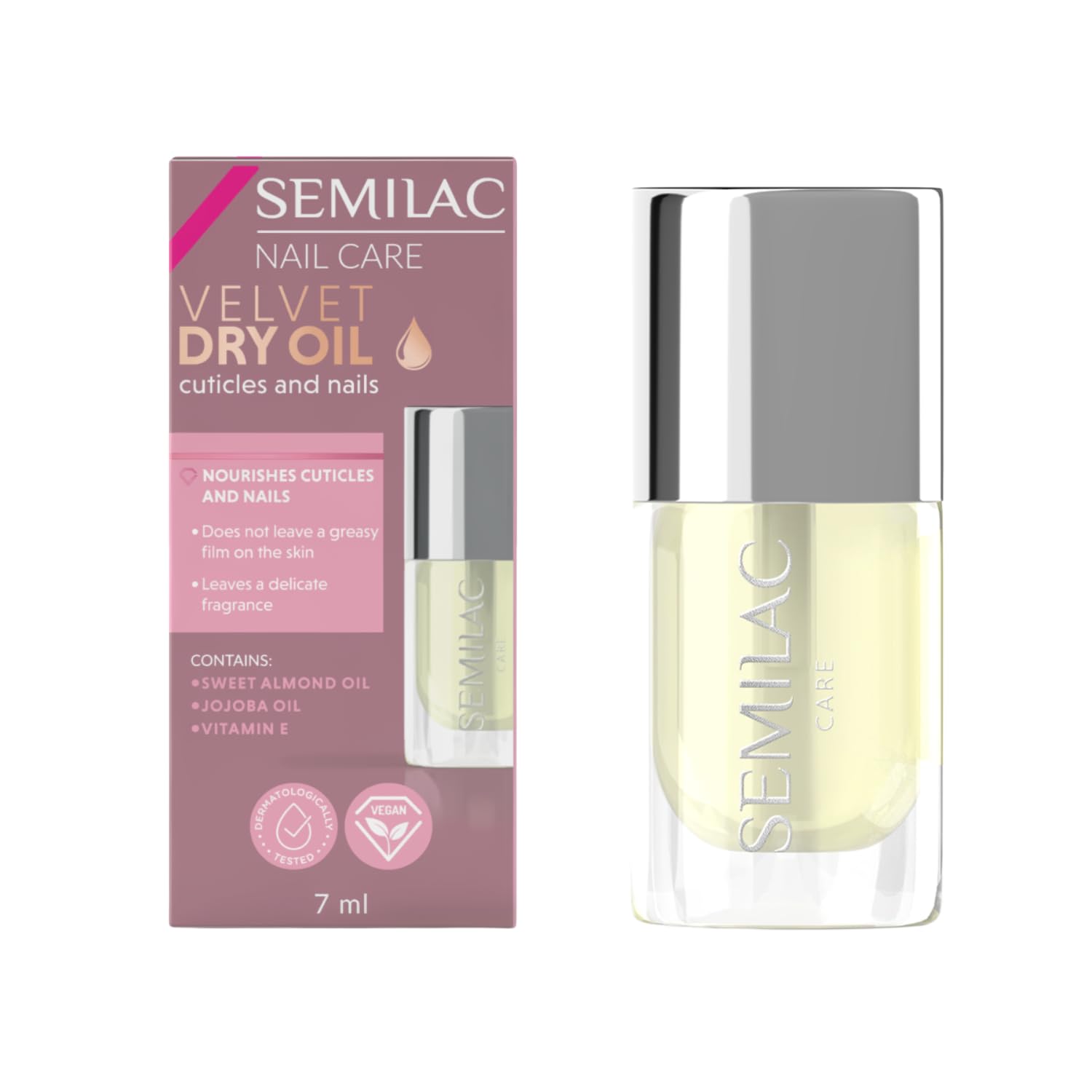 Semilac Velvet Dry Oil - Nourishing Dry Oil for Cuticles & Nails, with Almond Oil & Vitamin E, Vegan, 7 ml