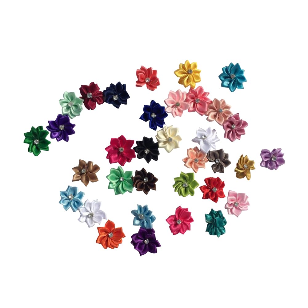 HugeDE 50 Pcs 3cm Satin Ribbon Flowers Small Craft Flowers Fabric Flower Embellishments Wedding Sewing Flower Appliques with Rhinestone for Decoration Multicolored
