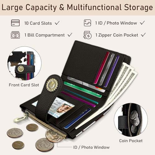 Image of Kelvoris Cow Print Black Small Rfid Women Wallet Bifold Zipper Coin Pocket | PU Leather Compact Cash Credit Card Holder Travel Purse for Female Ladies Teen Girls 1 ID Window 10 Card Slots
