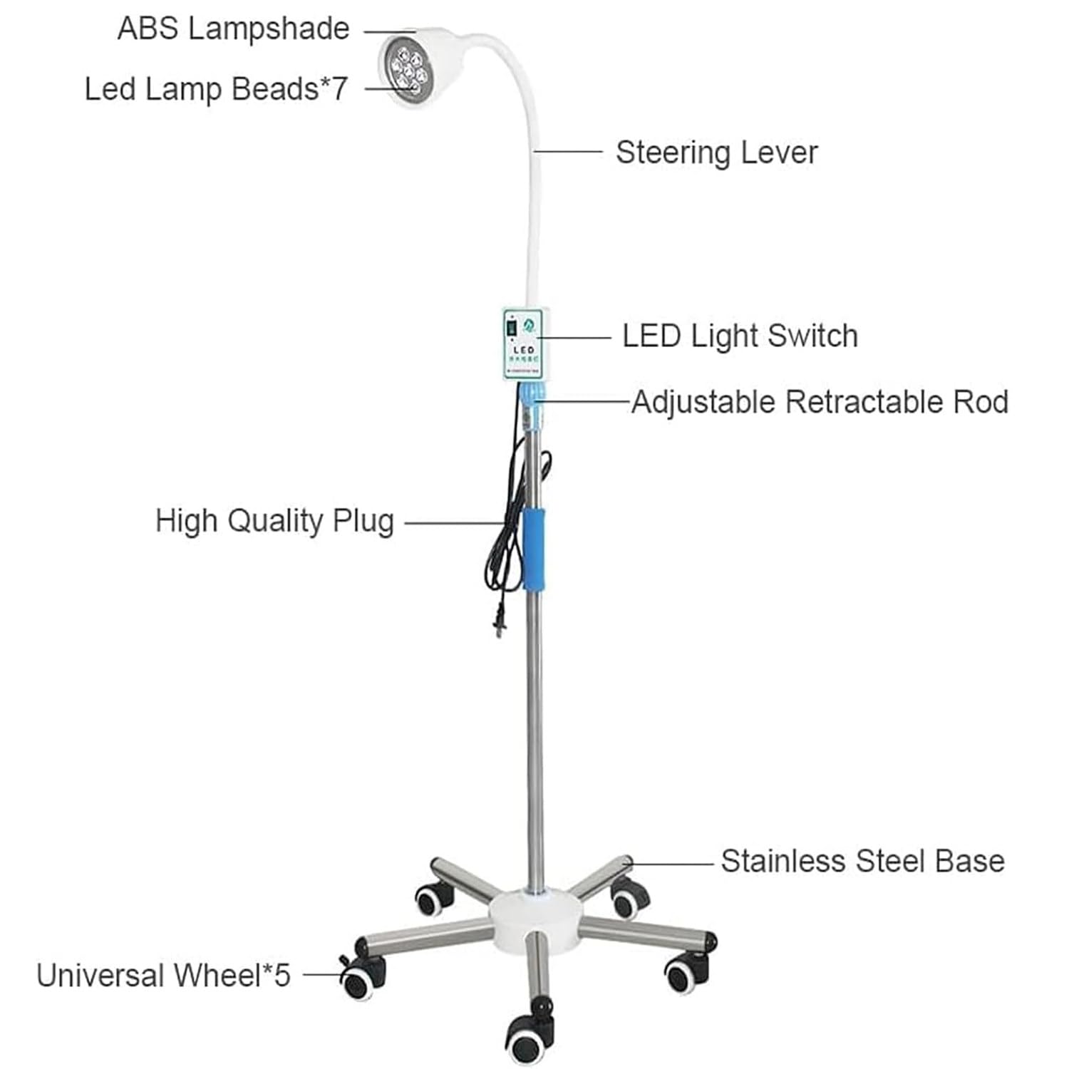 Lámpara Examen Ginecológico Quirúrgico Móvil, Lámpara De Examen Médico Led 7 W, Lámpara De Examen Quirúrgico Ajustable En Altura con Rotación De 360 ​​​​° con Base Móvil