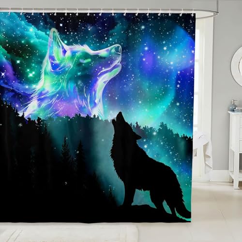 Image of Howling Wolf Bathroom Shower Curtain Set Galaxy Wolf Shower Curtain Northern Light Bath Curtain for Kids Boys Girls Starry Sky Aurora Wild Animal Waterproof Bathroom Curtains with Hooks 72x78 Inch