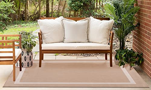 Lena Rug Modern Bordered Indoor Outdoor Area Rug Weather Resistant Outdoor Carpet For Porch Deck Balcony Backyard Patio Rug 5X7 Beige #TOP3