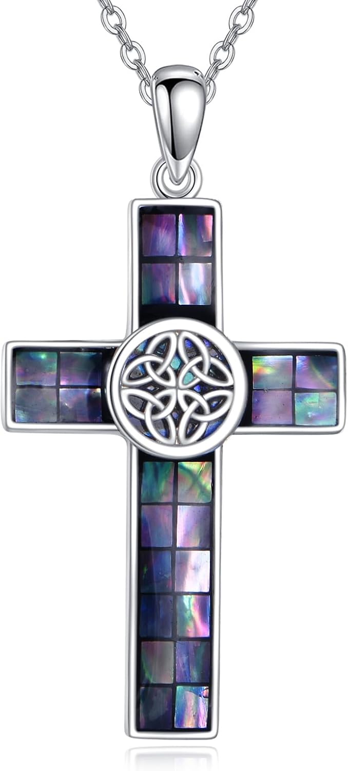 Cross Necklace 925 Sterling Silver Religious Cross Pendant Abalone Shell Cross Jewelry Christian Gift for Women Men