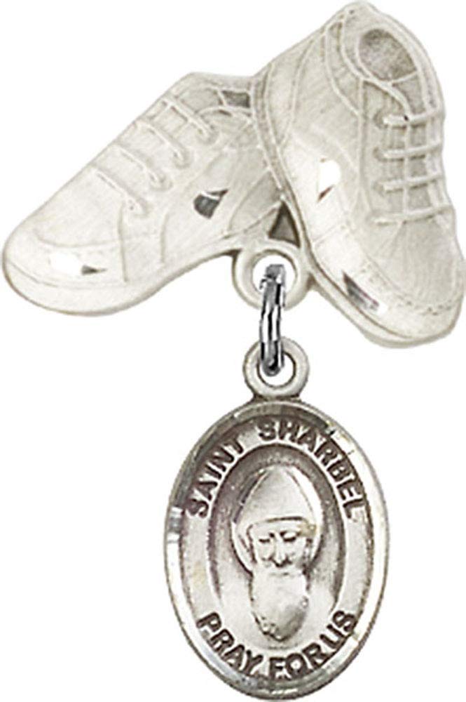Jewels Obsession Baby Badge with St. Sharbel Charm and Baby Boots Pin | Sterling Silver Baby Badge with St. Sharbel Charm and Baby Boots Pin - Made In USA