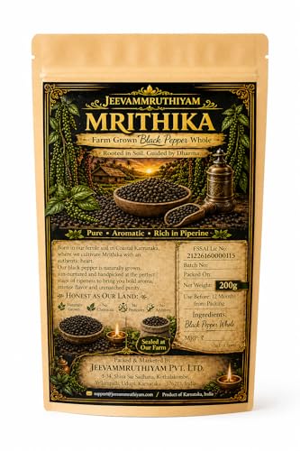 Image of Black Pepper Whole (Kali Mirch Sabut) - MRITHIKA Farm Grown Peppercorns | No Pesticides | Coastal Karnataka Origin | Fresh & Aromatic (200gm)