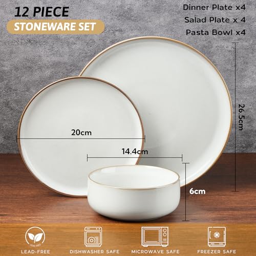 HaWare 12 Piece Dinner Set, Stoneware Dinnerware Set for 4, Reactive Glaze Dining Ware Include Plates and Bowls, Chip and Scratch Resistant, Microwave & Dishwasher Safe, Pearl White - Image 3
