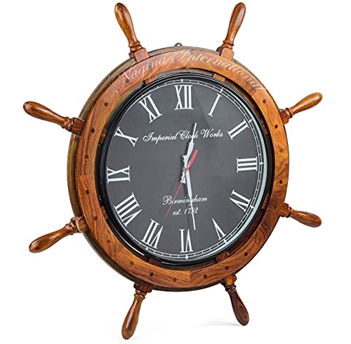 Nagina International 30" Nautical Ship Wheel Black Dial Imperial Clock Works (Birmingham) | Vintage Colonial Style Wall Hanging Decor & Clock | Ocean Gifts Ideas