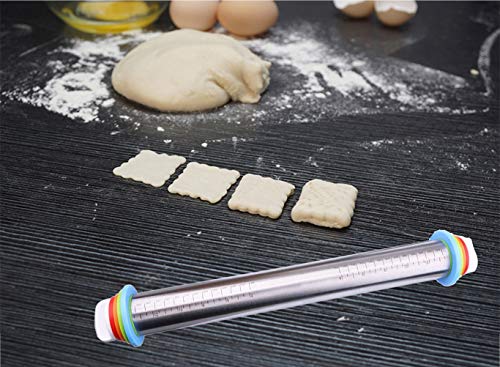 Rolling Pin, Katkitchen Adjustable Stainless Steel Rolling Pins Dough Roller Stick with 4 Thickness Rings for Baking Pizza Pie Cookie Pastry Non Stick