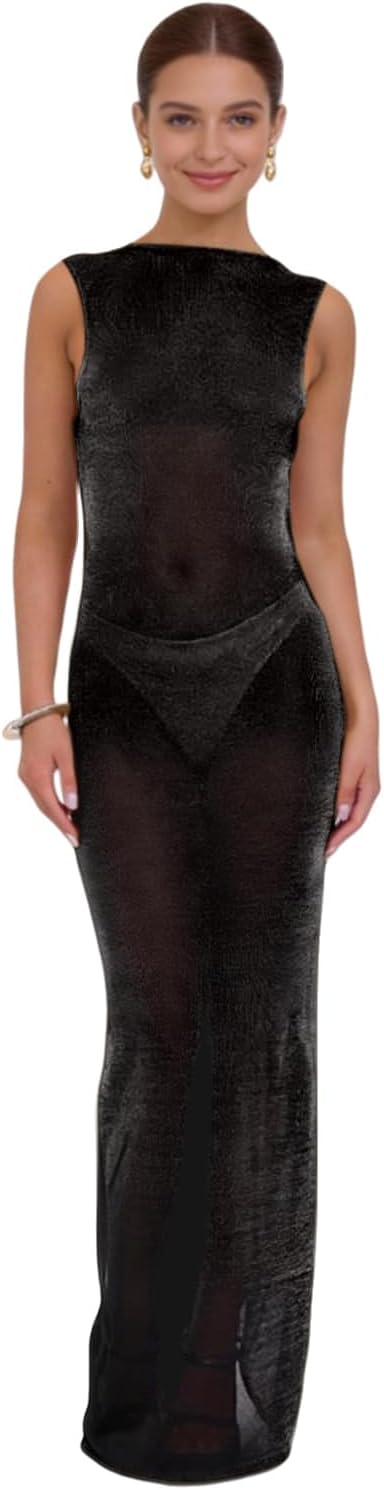 Women's Sexy Open Back Glitter Maxi Dress Sheer Mesh Beach Cover Up Dress Sleeveless Party Vacation Dresses