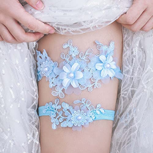 Campsis Bridal Garter Set Blue Pearl Flower Bride Wedding Garters Belt Handmade Crystal Strecth Lace Leg Rings Wdedding Gift Prom Party For Women And Girls 2Pcs #TOP6