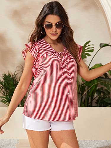 Makemechic Women's Maternity Summer Top Striped Ruffle Cap Sleeve Tie Neck Button Front Pregnancy Blouse Red L #TOP2