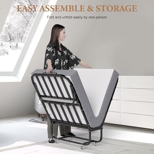 Decofy Folding Bed with Memory Foam Mattress, Portable Rollaway Guest Beds on Wheels, 75\"x31\" Twin Size Space-Saving Cot-Size Bed for Adults with Easy Assembly Metal Frame (White)