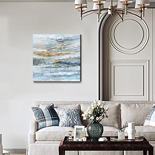 Abstract Canvas Wall Art Framed Light Blue Canvas Print Coastal Theme Artwork Modern Ocean Skyline and Sunset & Sunrise in the Seaside Large Sea Picture for Home Bedroom Decor 24x24inch - Image 3