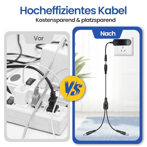 2er-Pack 1-auf-2-Wege-DC-Stromverteilerkabel, 1 Buchse auf 2 Stecker, schwarzer DC-Stromausgang, Y-Adapterkabel mit Hohlstecker 5,5 mm x 2,1 mm für CCTV-Kameras, LED-Lichtstreifen und mehr