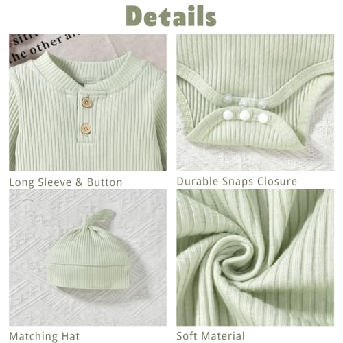 Aalizzwell Gender Neutral Long Sleeve Baby Ribbed Outfit with Hat & Headband2