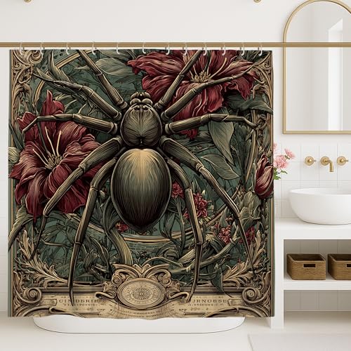 Tenda da doccia a forma di ragno, stile gotico vintage, con fiori e foglie, per Halloween, lavabile, con ganci, per la casa, il bagno, decorazione per hotel, 183 x 213 cm