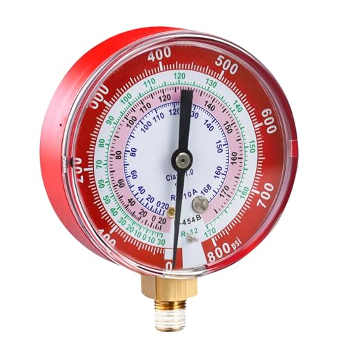 Image of Upgrade 49117 A2L Manifold Gauge - Red, 3-1 /8 inch (80 mm) Gauges, Compatible with R32, R454B, R410A Professional HVAC /R Tool, Working Pressure 0-800 PSI, Npt Thread, Color-Coded Scales