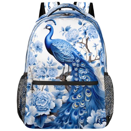 Blue Peacock Floral Travel Backpack for Women Men Large Capacity Hiking Backpack Lightweight Carry On Laptop Backpacks for Gym Work Camping