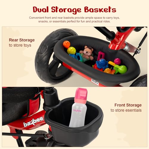 Image of Baybee 2 in 1 Baby Tricycle for Kids | Smart Balance Baby Trikes with Parental Handle, Cushion Seat, Safety Guardrail & Dual Storage | Kids Cycle for 2-5 Years Boy Girl (Tovino Red)