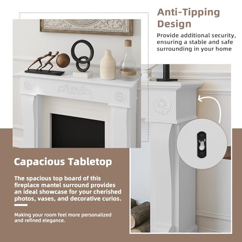 Image of Modern Fireplace Mantel Surround, Decorative Wooden Freestanding Mantel for Electric Fireplace, Waterproof & Anti-Tipping, Premium MDF Mantel with Leg for Living Room, White