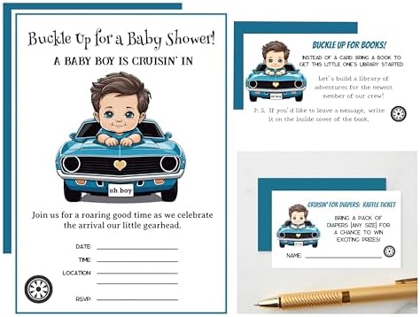 Classic Boy Blue Race Car Baby Shower Invitation Bundle: 20 Fill-In Invitations, Baby Book & Diaper Raffle Tickets image 5
