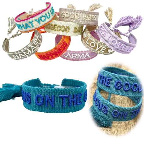LS-LebenStil Exklusives Statement Armband - das Original Focus on the Good Türkis Blau 16-20cm Quasten besticktes Boho Canvas Webarmband Damen Freundschaftsarmband Geschenk gewebt textil Stoffarmband
