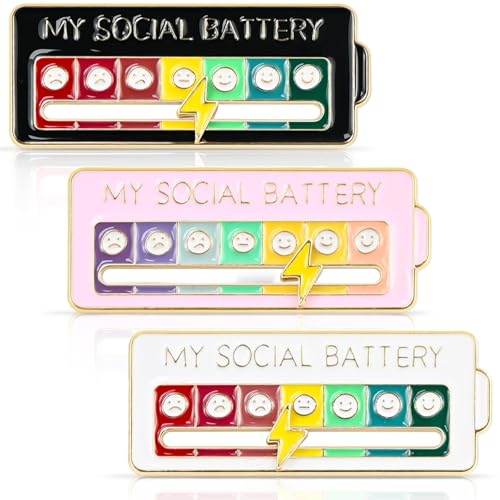 FLEXNOVA 3 Stück Social Battery Pin Soziale Batterie Pins Anstecker Pin 7 Tage Interaktive Stimmungsbarometer Lustige Brosche Sozialer Batterie-Pin für Rucksäcke Jacken Hüte (Weiß Schwarz Rosa)