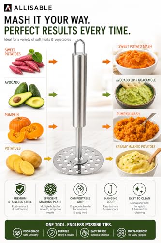 Image of Stainless Steel Potato Masher | Heavy Duty Vegetable Masher with Ergonomic Handle | Rust Resistant Cooking Tools