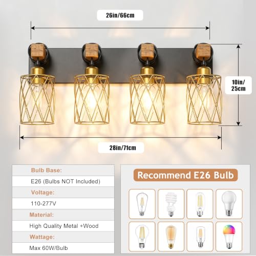 Image of IZORRO Farmhouse Bathroom Vanity Light, 4-Light Wood Bathroom Light Fixtures Over Mirror, Black and Gold Industrial Vanity Lights with Metal Shade, Rustic Restroom Lighting Fixtures