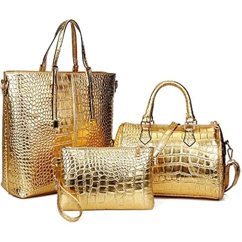 XingChen 3-PC Women PU Handbag+Shoulder Bag+Clutch Crocodile Pattern Top Handle Fashion Satchel Tote Purse Gold Cover