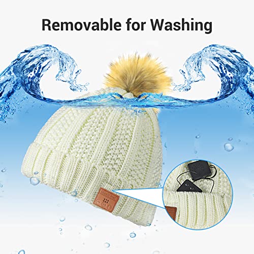 Touch Two Bluetooth Beanie Hat With Headphones, Wireless Knitted Pompom Beanie For Women Girls Built-In Mic And Speakers, Winter Warm Pom Music Beanie Hat (White) #TOP5