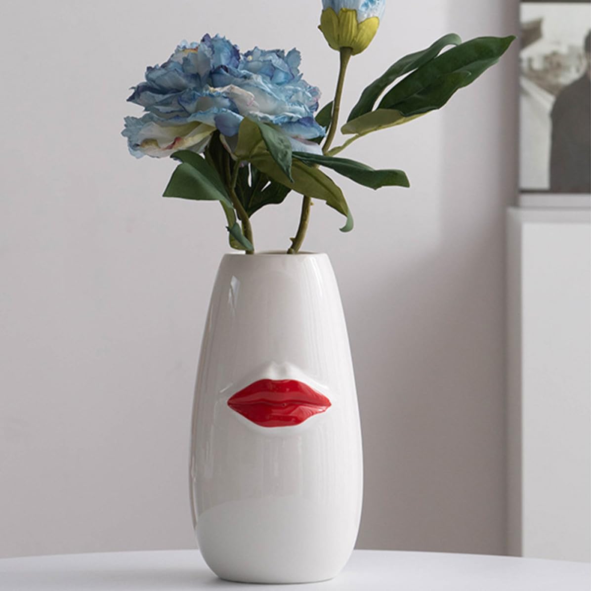 CLISPEED Jarrón Hogar de Cerámica White Diseño de Labios, Jarrón de Mesa de Comedor para Arreglos y Fácil de Almacenar