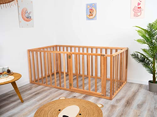 BUSY WOOD Wooden Kids Play Pen Bed - Playpen for Toddler - Floor Bed for Kids - Kids Bed from Natural Wood - Loft Bed for Kids - Toddler Indoor Fence with Gate - Bed Frame (Model 6.3) - Thumbnail 6