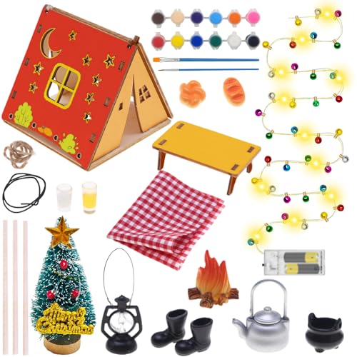 Shinybox DIY miniatura casa de bonecas decoração, ornamentos em miniatura de Natal com grinalda de luzes e 12 cores de pintura, mini cerca de jardim, ornamentos no Natal