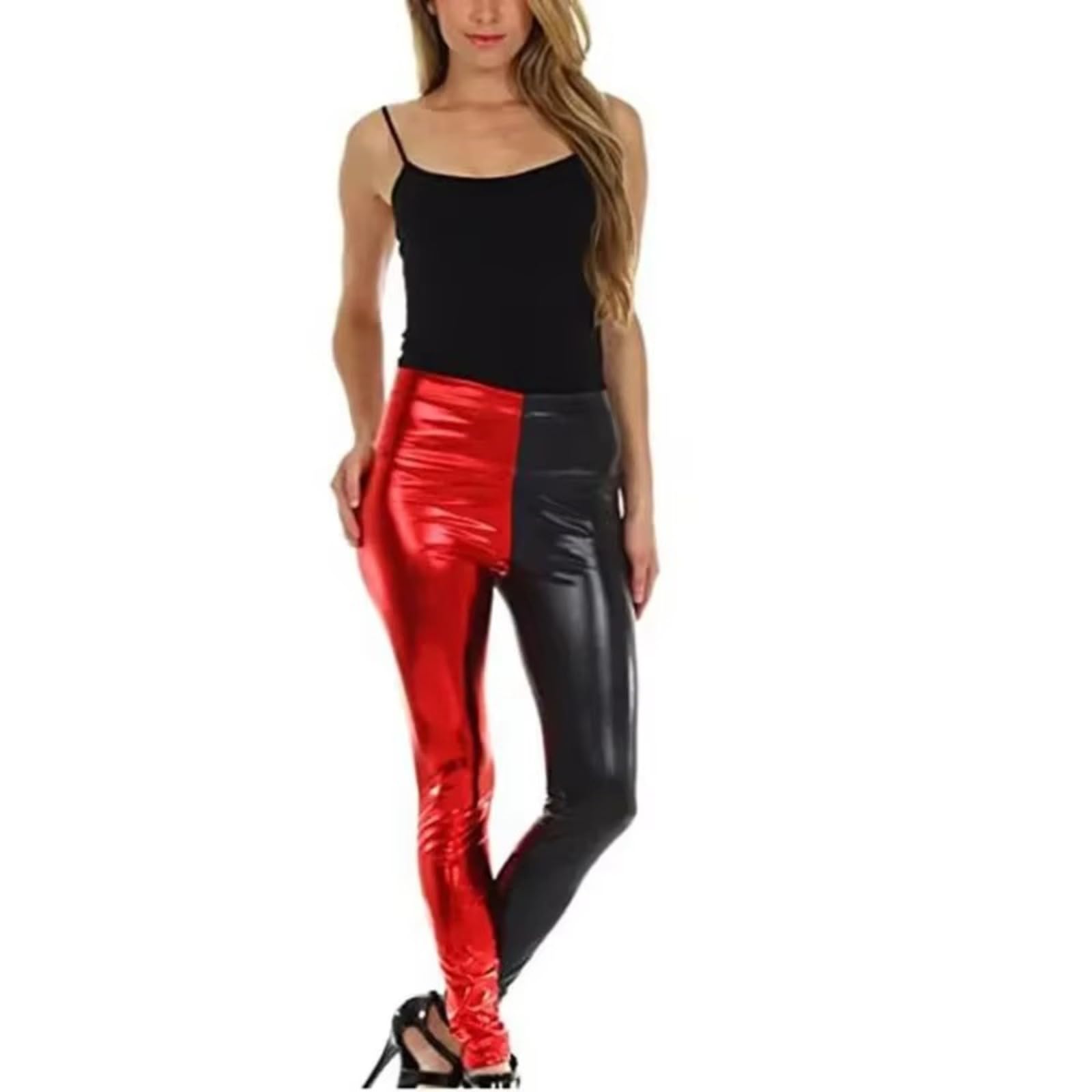Damen-Stretch-Hose, zweifarbig, glänzende Leder-Leggings, kontrastfarbene Stoffbahnen, Skinny-Hose mit hoher Taille, Kunstleder, Tanz-Yogahose