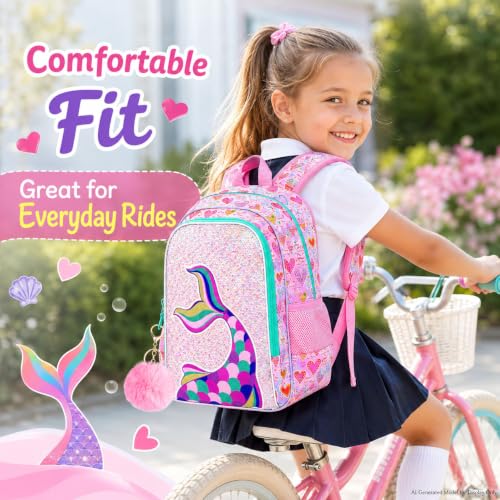 Image of CCJPX 16 inch Mermaid Backpack for Girls, 3Pcs Kids Sequin Bookbag with Lunch Box, Water Resistant Elementary School Bag for Kindergarten Preschool Toddler (Pink)