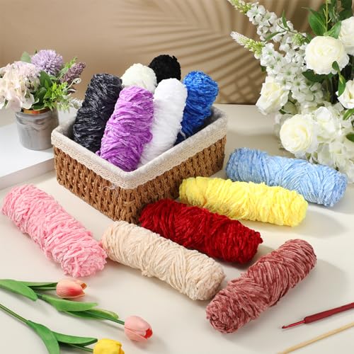 Image of Timgle 12 Pack Chenille Yarn for Crocheting, Soft Velvet Yarn 1312 Yards, 3 mm Thick Fluffy Plush for Hand Knitting Weaving Sweater Shawl Scarf Gloves DIY Craft, 109 Yards Each(Novel Color)