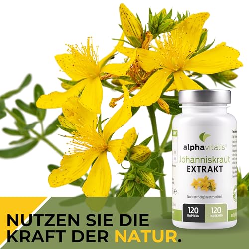Johanniskraut Kapseln optimal dosiert mit natürlichem Hypericin - 120 Stk. - veganer Extrakt mit Vitamin B6 & B12 - St. John’s Wort Extract aus Hypericum perforatum L.