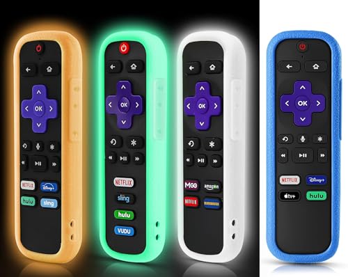 Image of 4 Pack Remote Cover for Roku, Case for Hisense /TCL Roku TV Steaming Stick /Express Universal Replacement Controller Silicone Sleeve Skin Glow in the Dark Orange White Light Green Blue with Lanyards